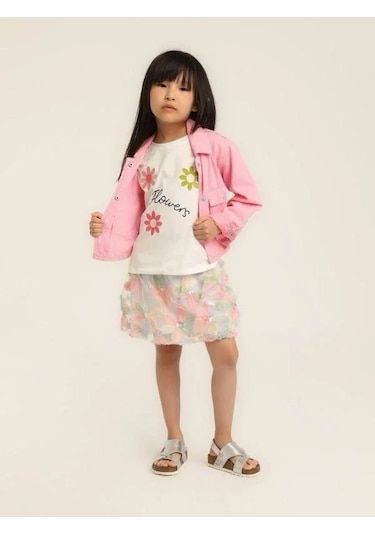 Escabel Kız Bebek Pamuklu Çiçek Nakışlı Tshirt-15602 Beyaz