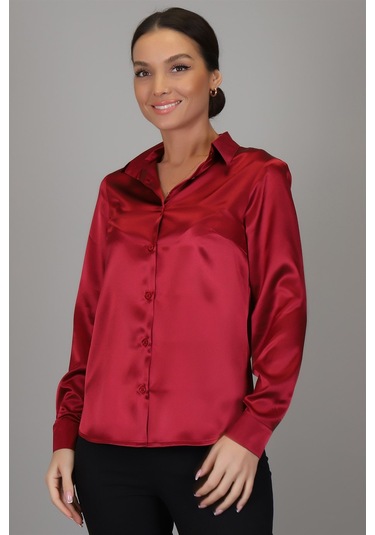 Sweetness Kadın Bordo Saten Uzun Kol Abiye Gömlek Bordo