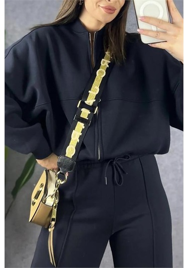 Neşeli Butik Kadın Fermuarlı 3 İplik Eşofman Takımı Nb0018 - Siyah Siyah