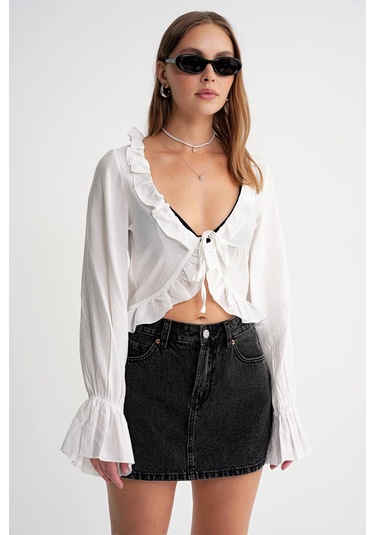 4712 Kadın Volanlı Modal Bolero Bluz Beyaz Beyaz