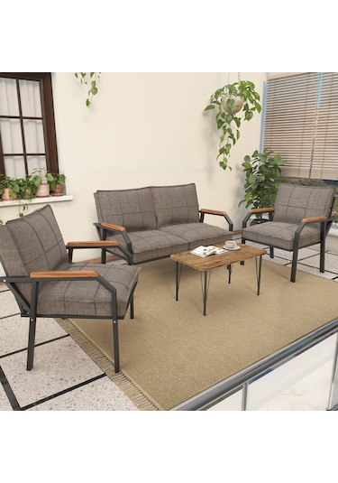 Modern Serisi Balkon, Bahçe, Cafe - Metal Kanepe Koltuk Takımı - 2+1+1 Sehpalı - Cappucino Cappucino