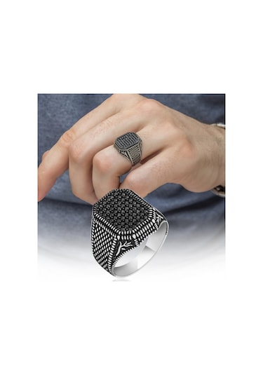 Lale Motifli Mikro Taşlı İşlemeli Gümüş Erkek Yüzük Beyaz