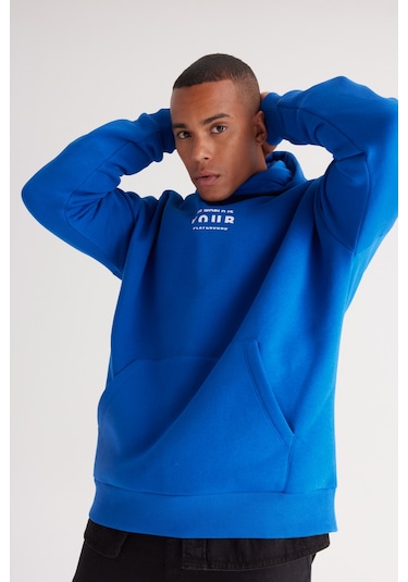 AC&Co / Altınyıldız Classics Erkek Mavı Oversize Fit Bol Kesim Kapüşonlu İçi Polarlı Pamuklu Sweatshirt Mavi