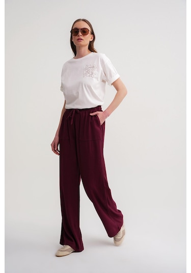 4629 Kadın Bol Paça Yüksek Bel Viskon Palazzo Pantolon Bordo Bordo