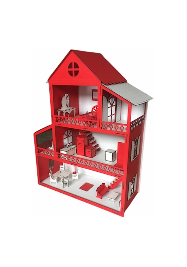 Ahşap Oyun Evi 60Cm 14 Eşya Kırmızı