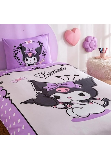 Taç Lisanslı Kuromi Tek Kişilik Pamuklu Nevresim Takımı Mor