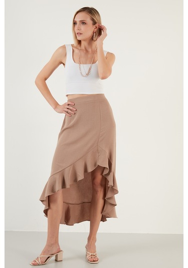Lela Volanlı Midi Boy Yırtmaçlı Bayan Etek 6058387 Vizon