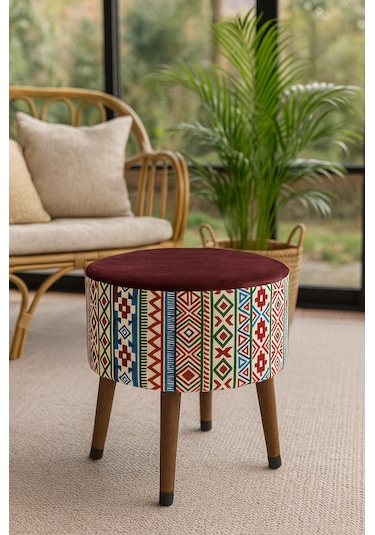 Ustaagac Puf Koltuk Bench Tabure Modern Kilim Bordo - Ahşap Ayaklı - Doğal Modern Stil Bordo Mürdüm