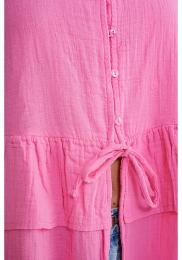 4722 Kadın V Yaka Fırfırlı Müslin Bluz Pembe Pembe