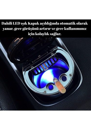 Araç İçi Küllük Pusulalı Işıklı Kapaklı Kokusuz Paslanmaz Çelik İçli Oto Küllüğü Gümüş Glz03504054
