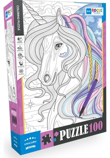 Blue Focus 100 Parça Coloring Puzzle - Unicorn Tek Boynuzlu At