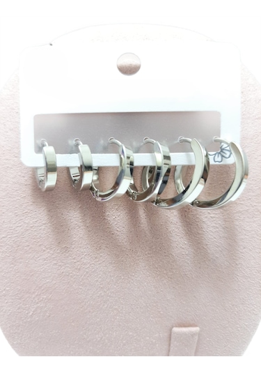 Çelik Küpe 3'lü Sade Köşeli Halka Model Küpe 2 Mm Kalınlık Gümüş Silver Gümüş