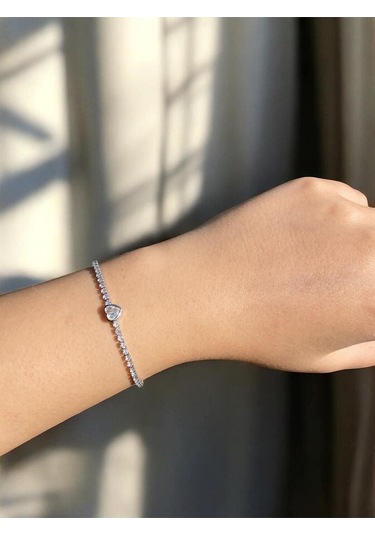 Minik Kalp Detaylı Zarif Su Yolu Bileklik Silver- Sevgiliye Hediye Gümüş