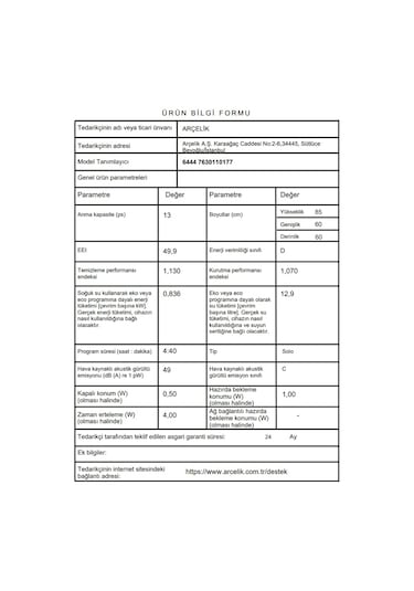 Arçelik 6444 13 Kişilik 4 Programlı Bulaşık Makinesi