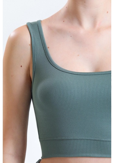 Yeşil Fitilli Kare Yaka Esnek Örme Crop Büstiyer Atlet Haki