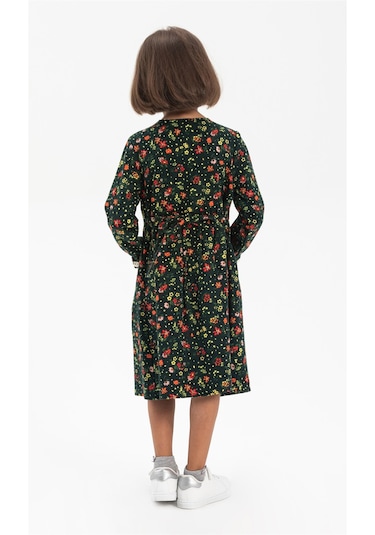 Uzun Kol Asya Yakalı Çocuk Pazen Elbise Çiçek Desen Yeşil