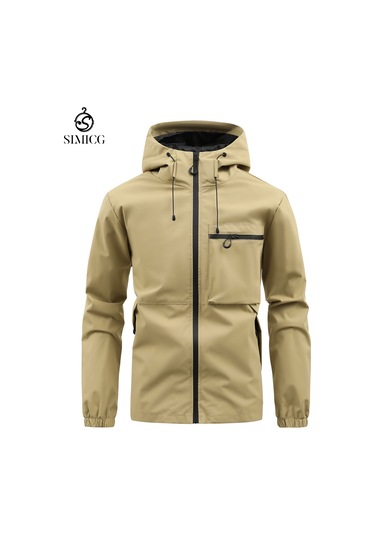 Yeni Gündelik Kapüşonlu Düz Renk Çok Cepli Açık Hava Erkek Rüzgarlık Ceketi Haki