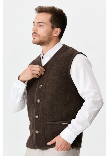 Desen Triko Erkek V Yaka Keçe Aksesuarlı Pike Dokuma Yün Yelek 02422569 Koyu Kahve Koyu Kahve