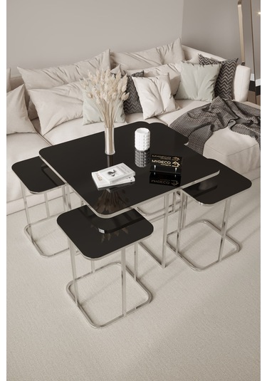 4+1 Gümüş Kaplam Siyah Ayna Radüslü Orta Sehpa