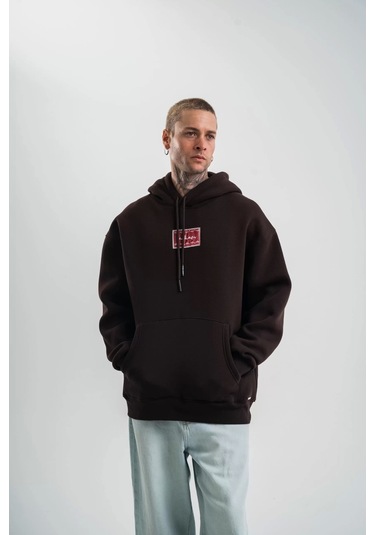 Double Oversize Kapşonlu Dijital Patchli Sweatshirt - Kahve Kahve