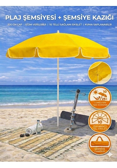 Form Outdoor Plaj Şemsiyesi + Şemsiye Kazığı + Taşıma Çantası Hediyeli Sarı