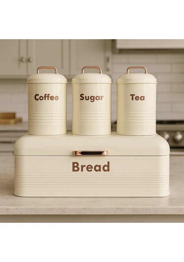 4 Lü Mutfak Seti Ekmeklikçay Kahve Şekerlik Krem 43x20 Krem