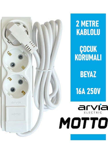 Arvia Motto Üçlü Topraklı Grup Priz Çocuk Korumalı 2 Metre Kablolu 35 01 1003 402 2 M