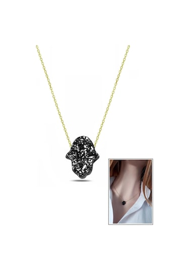 Siyah Pırıltılı Reçine Taşlı El Yapımı Fatma Eli Kolye 925 Ayar Gümüş Altın Kaplama Altın