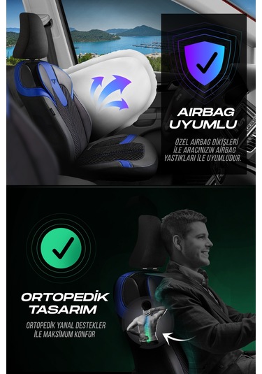 Siyah - Mavi Garni Panda Monte Carlo Serisi Velor Kadife Kumaş Oto Koltuk Kılıfı - Tam Set