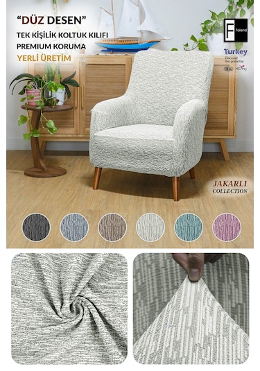 Jakar Tekli Lastikli Kanepe Örtüsü Lastikli Berjer Koltuk Örtüsü Koltuk Kılıfı Krem