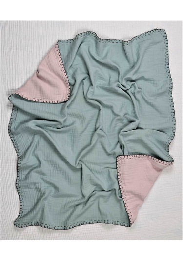 Cigit Müslin Çift Taraflı El İşili Bebek Battaniye Yıkanmıştır 100x100 Cm Mint Pudra Mint Yeşili