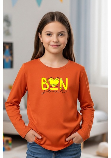 Yuvarlak Yaka Kalp Baskı Detaylı Kız Çocuk Sweatshirt Turuncu