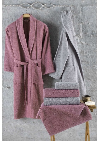 Elart Bornoz Aile Seti % 100 Pamuk 6 Parça Naturel Mavi (520704409)-Gülkurusu-Tek Ebat Gül Kurusu