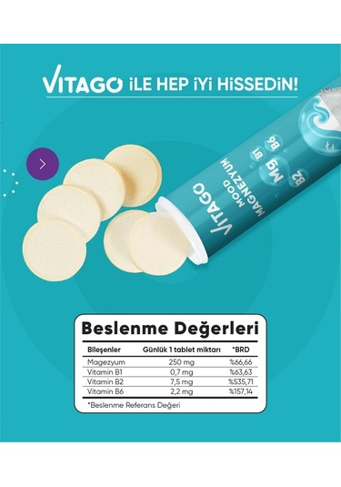 ﻿Vitago Mood Magnezyum Vitamin B1 Vitamin B2 ve Vitamin B6 İçeren Takviye Edici Gıda﻿﻿ 20 Efervesan Tablet