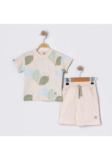 Erkek Çocuk Bej Yaprak Desenli Basic Tişörtlü Şortlu Takım-1147 Bej