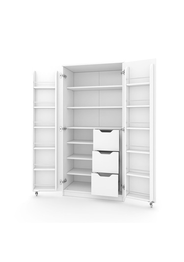 165 Derece Açılabilir 2 Kapaklı, 3 Çekmeceli, Kavanoz Raflı Kiler Ve Erzak Mutfak Dolabı Beyaz