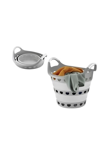 Katlanabilir Silikon Çamaşır Sepeti, Akordiyon 14 Litre Katlanır Çamaşır Sepeti Gri - Beyaz