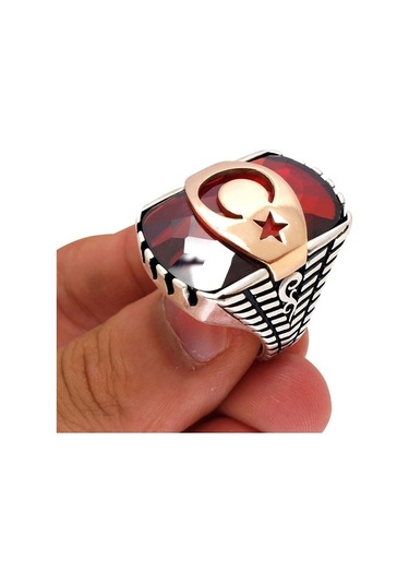 Kırmızı Zirkon Taşlı Ay Yıldızlı 925 Ayar Gümüş Erkek Yüzük