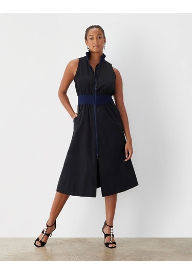 Kadın Dik Yaka Önü Fermuarlı Yırtmaçlı Baharlık Yazlık Beli Lastikli Şık Ceket Elbise Siyah