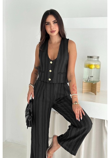 Çizgili Kumaş Yelek Takım Siyah Siyah