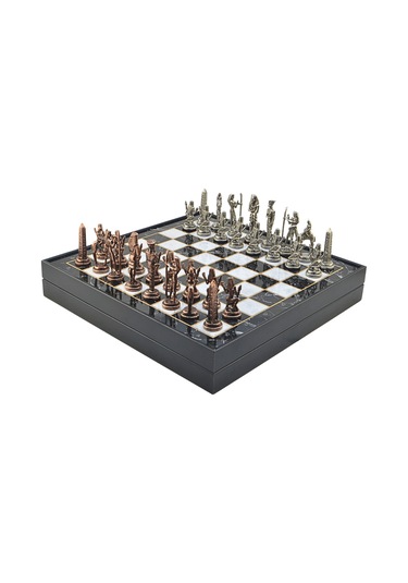 Gifthome Metal Mısır Satranç Takımı Antik Ve Mermer Desenli Mdf Sandıklı Satranç Tahtası 36x36x6 Cm.