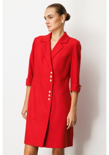 Ekol Kadın Kruvaze Yaka Düğmeli Elbise 4009 Kırmızı Kırmızı