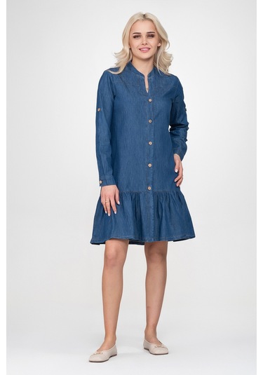 Bold & Young Kadın Cepli Kol Britli Etek Ucu Büzgülü Katlanır Kol Gömlek Elbise İndigo