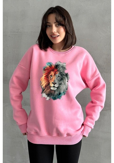 Kadın Pembe Aslan Baskılı Oversize Sweatshirt Pembe