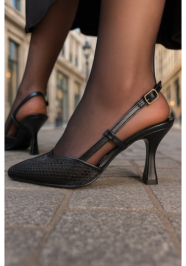 Günlük Kadın Fileli Arkası Açık Ayarlanabilir Tokalı İnce Topuklu Abiye Ayakkbı 923 Siyah