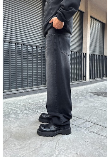Flaw Eskitme Detay Çizgili Baggy Jean Siyah Siyah