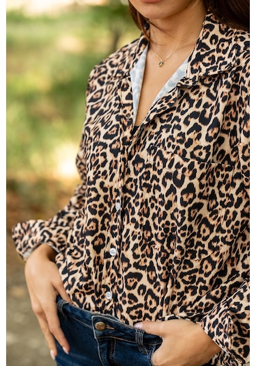 Verdeblanco Leopar Desenli Dijital Baskılı Uzun Kollu Relax Gömlek Leopar