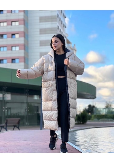 Oversize Uzun Şişme Mont Krem
