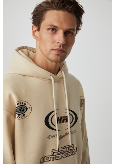 Grimelange Mıles Erkek Kapüşonlu Yumuşacık Oversize Bej Sweatshirt