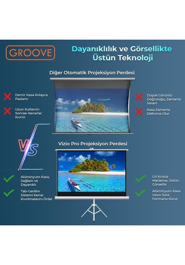 Groove Vizio Pro 150 Inch 332x188cm Blackout Işık Geçirmez Tripod Ayaklı Projeksiyon Perdesi
